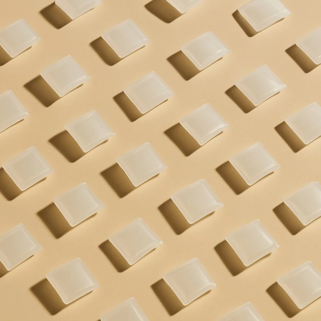 Multiple adhesives arranged in a diagonal pattern on a beige surface, casting shadows.