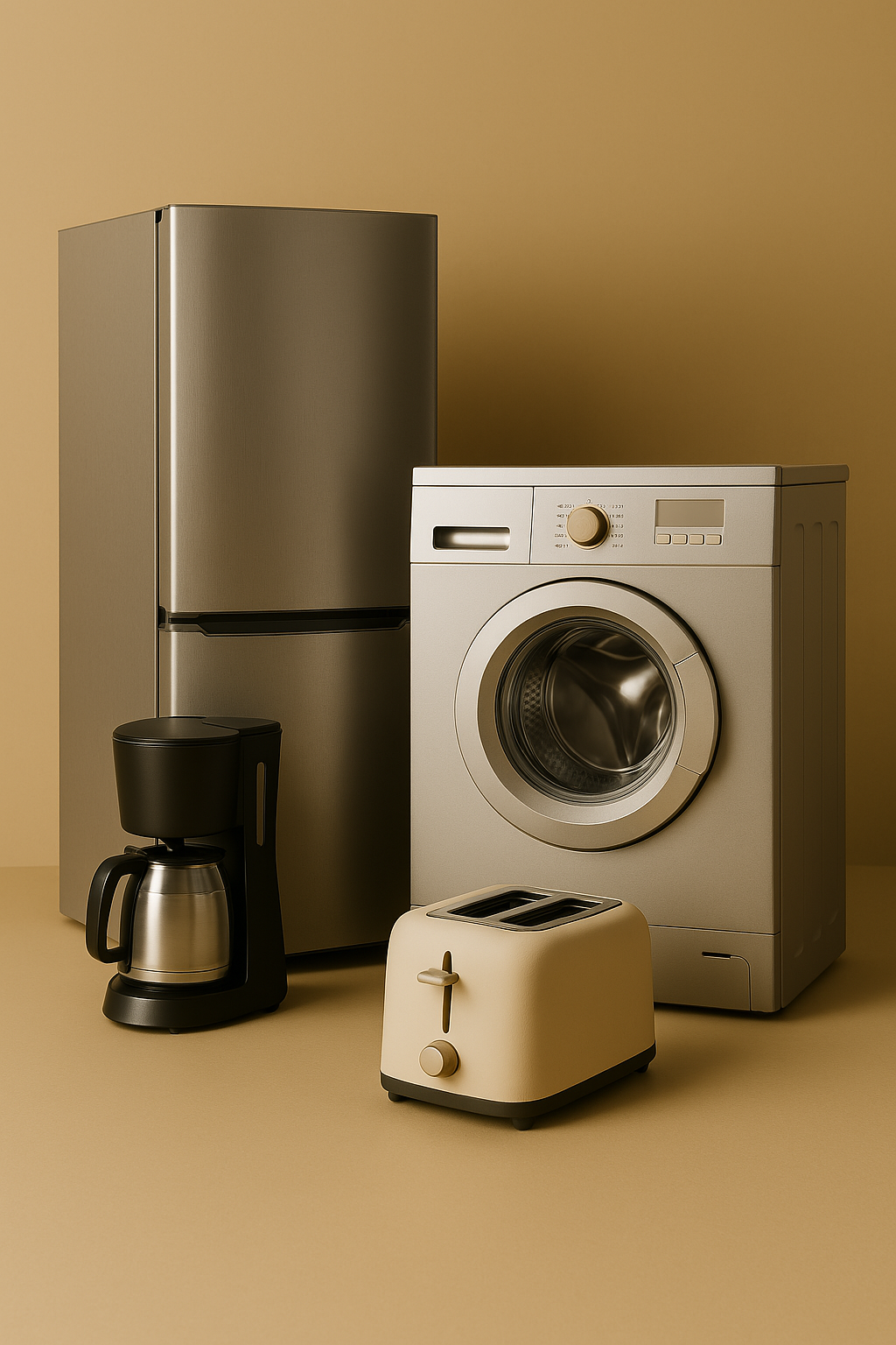 A collection of household appliances including a silver refrigerator, washing machine, black coffee maker, and a beige toaster, arranged against a beige background. Product Assembly Adhesives.